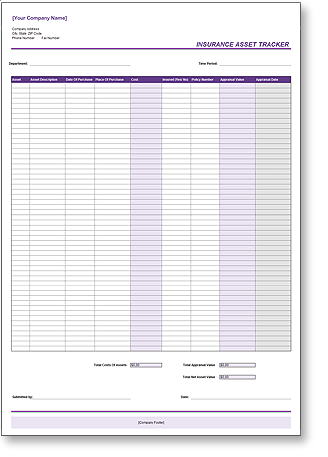Insurance Asset Tracker Excel template for Micorsoft Office Excel